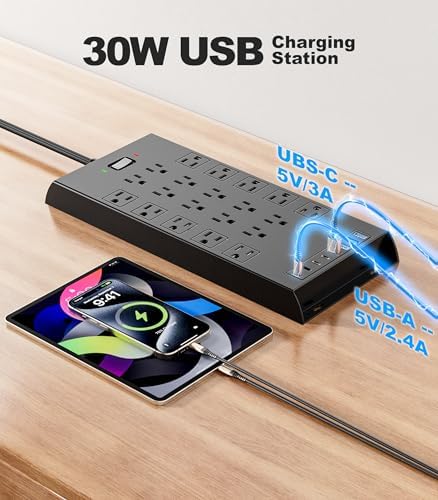 Surge Protector Power Strip 4800J, LeZone 10Ft Long Extension Cord Flat Plug, 20 Outlets 4 USB-A 4 USB-C Ports, Wall Mountable, Home Office Dorm Essentials, Black - Image 6