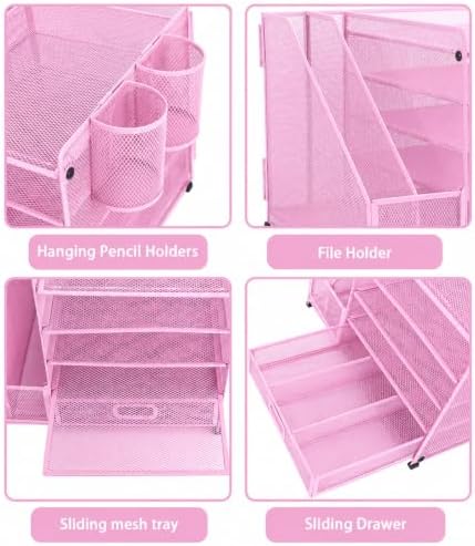 Desk Organizers and Accessories with File Holder, 5-Tier Paper Letter Tray Organiser with Drawer and 2 Pen Holder, Mesh Desktop Document Organizer for Office Supplies, Workspace - Pink - Image 3