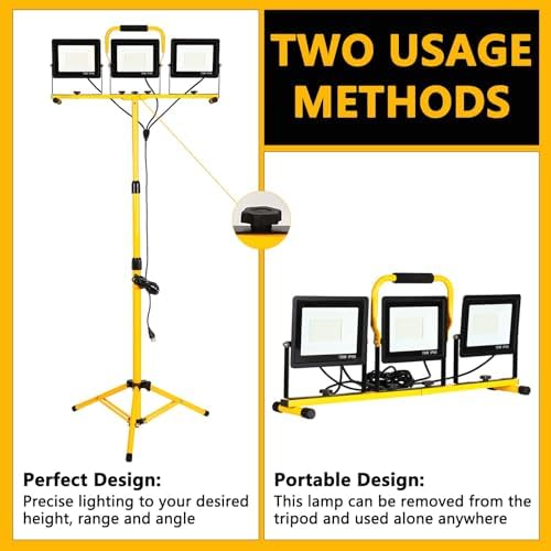 30000Lumen LED Work Lights with Stand - 3Head Portable Work Light on Stand - IP66 Waterproof Tripod Worklights for Outdoor Indoor Job Site Workshop Garage Construction Site Lighting - Image 6