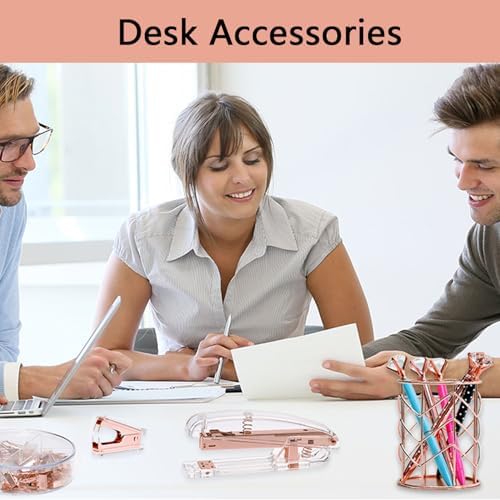 suniya Office Supplies,Rose Gold Desk Accessories,with Stapler,Tape Dispenser,Pen Holder,Scissors,Phone Stand,Staple Remover,Ballpoint Pen,Clear Tape,Staples,Ruler,Clips,Best Gift for Business or Boss - Image 4