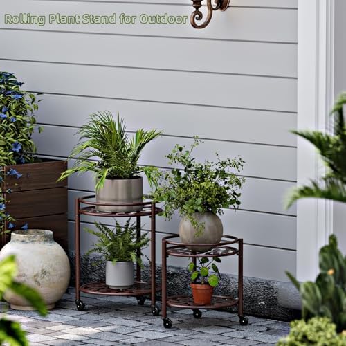 2 Tier Heavy Duty Rolling Plant Stand, 2 Pack Coffee - Image 4