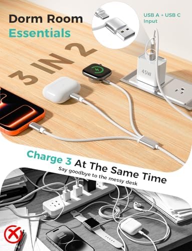 Travel Essentials,3 in 2 USB C Cable for Apple Watch Charger,iPhone Charger,Multi Charging Cable,Cruise Vacation Camping Portable for iWatch Series 11-2/Ultra/SE & iPhone 17-12,Car,White-6FT - Image 2