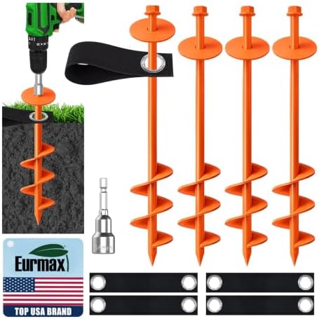 Eurmax USA 4 Pack Universal Ground Anchors High Wind, Heavy Duty Screw-in Trampoline Stakes with 4 Straps, Upgraded Commercial Anchor Kit for Outdoor Sheds, Swing Sets & Mobile Homes (Orange) by Eurmax