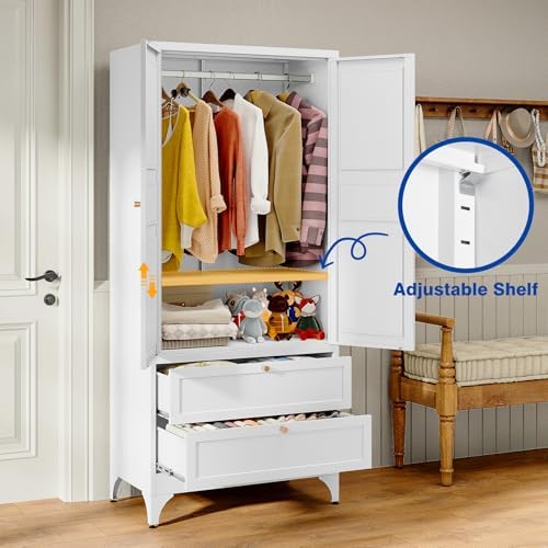BYNSOE 71" Tall Metal Wardrobe Closet with 2 Drawers, Steel Armoire Cabinet with Hanging Rod and Adjustable Shelves, Freestanding Clothes Storage Organizer for Bedroom Office Furniture - Image 4