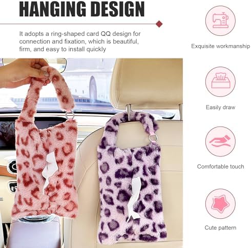 Leopard Print Car Tissue Bag, Cute Plush Hanging Tissue Holder, Multi-Functional Car Backseat Hanging Storage Bag, Universal for Small-Size Tissues (Pink) - Image 6