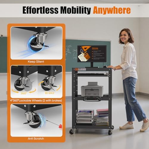 AV Presentation Cart Stand for Video Projector,TV,Laptop Computers,Printers,Metal Construction Rolling Cart with Adjustable Shelves,4 Wheels,4 Outlets, 5.75ft Cord,Support 300 lbs,Black - Image 6