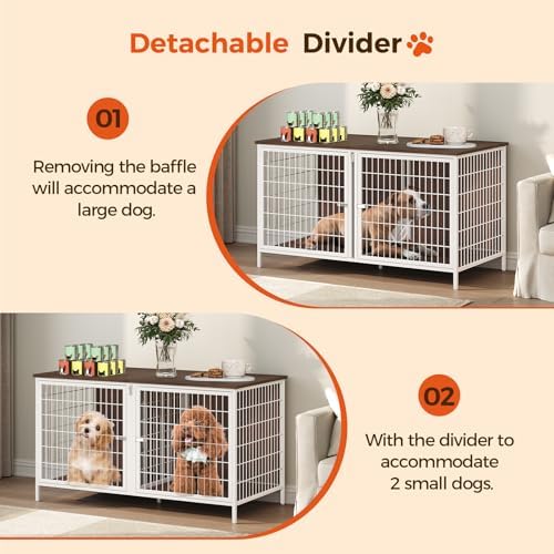 MAHANCRIS Dog Crate Furniture for 2 Dogs, 43.3" Dog Kennel with Removable Divider, Heavy Sturdy Dog Furniture Style Double Cage for Small Medium Dogs, Indoor Pet House End Table, White and Walnut - Image 2
