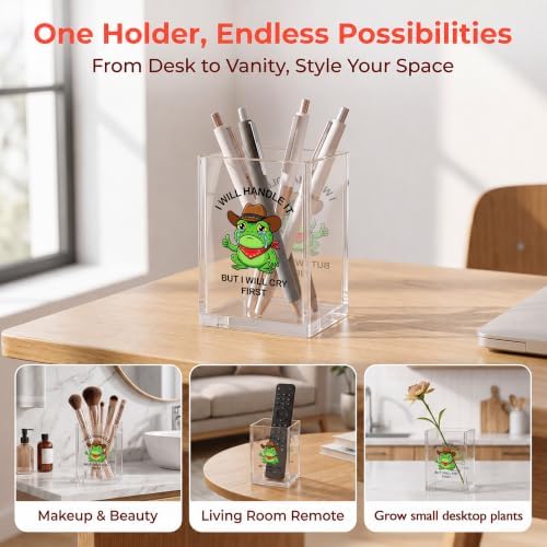 Funny Crying Frog Office Acrylic Cosmetic Pen Pencil Holder Cup, I Will Handle It But I Will Cry First Cute Pencil Organizer, Humor Desk Decor, Emotional Support Gifts for Women Men（A25） - Image 3