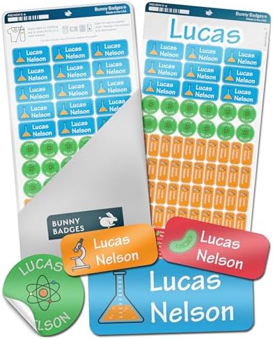 Bunny Badges Personalized Name Labels for Kids (70 Labels) - Custom Waterproof Name Stickers for Daycare, Clothing Tags, Water Bottles, Lunch Boxes and School Supplies (Science) by BunnyBadges