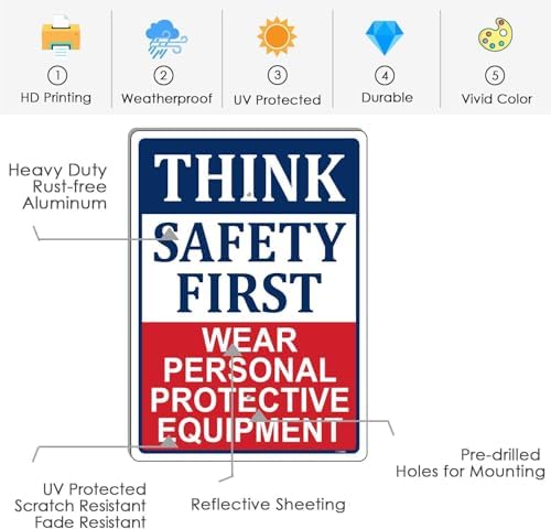 Think Safety First Wear Personal Protective Equipment Sign Safety Warning 14" x 10" With 35" Long Metal Stake With Stand Aluminum Outdoor Use Yard Business - Image 3