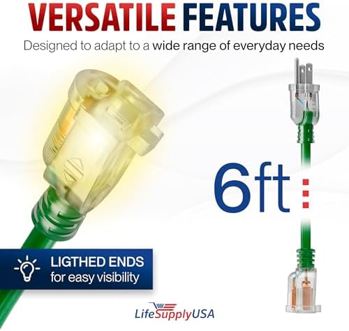 6ft Outdoor/Indoor Extension Cord 16/3 Gauge Heavy Duty 3 Prong SJTW, Waterproof, Flexible Cold-Resistant Long Power Cord,13A 125V 1625W, Green by LifeSupplyUSA - Image 6
