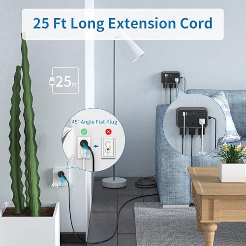 Extension Cord 25 Ft NTONPOWER Long Extension Cord with 6 Widely Spaced Outlet, Power Strip with 4 USB Port(2 USB-C), Wall Mount for Home Office, Dorm Room and Nightstand, Black - Image 2