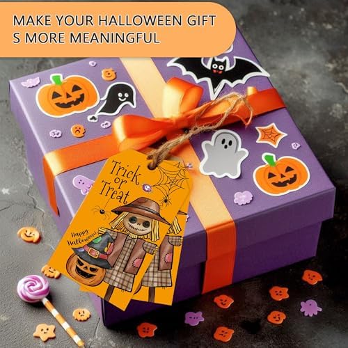 Yellow Halloween Paper Gift Tags with String-50Pcs,Trick Or Treat for You Happy Halloween Tags for Goodie Bags, 2 x 3.5 Inch Waterproof Hanging Labels for Decor Party Supplies, Gift Wrapping-B06 - Image 4