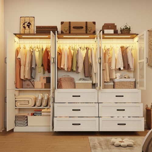 75" Tall Farmhouse 6 Doors Armoire Wardrobe Closet with 3 Drawers and LED,Freestanding Closet Wardrobe Cabinet for Bedroom with Hanging Rod,Wooden Armoire Storage Cabinet(Rustic Off White 6 Doors 2) - Image 6
