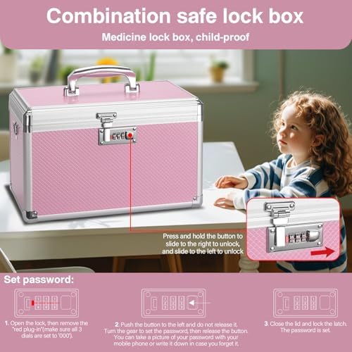 Medicine Lock Box with Combination Lock - 13.4 x 7.6 x 8.2 Inches - First Aid Safe Medication Storage Box, Medications and Personal Items, Safe Boxes for Home and Outdoor - Pink - Image 3