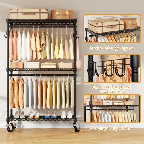 ULIFHOME P1 Rolling Clothes Rack, Portable Wardrobe Closet Holds 500lbs - Image 4