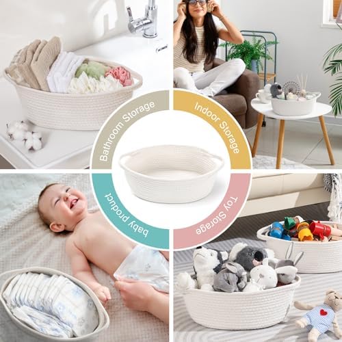 LANDNEOO Small Woven Basket with Gift Bags and Ribbons, Empty Decorative Gift Chest Box, Cute Baby Gift Basket for Nursery, Cotton Rope Room Shelf Storage Basket with Handles, 12"x 8"x 5",White - Image 4