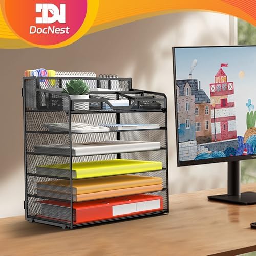 Docnest 6 Tier Mesh Desk Organizer with Letter Tray & Paper Sorter, Black - Image 6