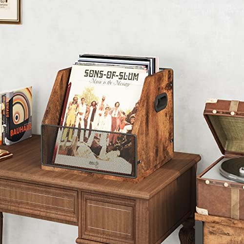 Homeiju Vinyl Record Storage, Record Box Case Crate, Vinyl Record Album Holder, Metal & Wooden LP Record Crate, Holds up to 60 Records - Image 2