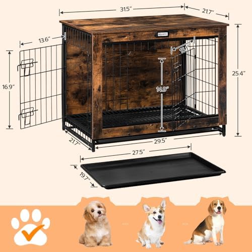 HOOBRO Dog Crate Furniture, 32.5" Medium Dog Kennel Indoor, Wooden Cage with Pull-Out Tray, Double Doors Pet House Side End Table for Medium/Small Dogs, Rustic Brown BF802GW03G1 - Image 5