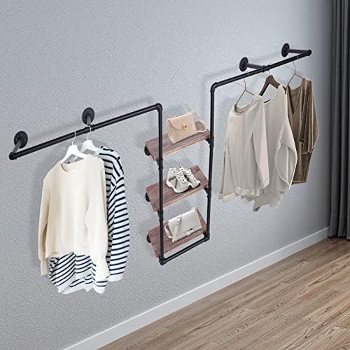Wall-Mounted Clothing Rack, Industrial Pipe Clothing Rack with 3 Tiers Wood Shelf, Heavy Duty Rustic Garment Hanging Bar, 86.6"L X 37.4"W X 10.6"H Multi-Purpose Storage Rack for Home Clothing Store - Image 5