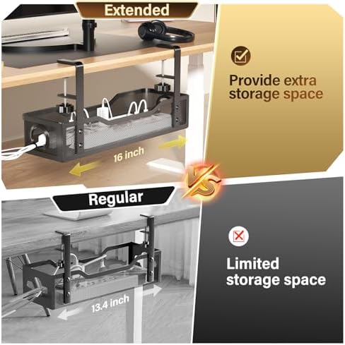 Under Desk Cable Management Large, Cinati 16" Cable Management Box for Table Thickness up to 3", Wire Cord Organizer with Clamp No Drill, No Damage to Desk (Black) - Image 3