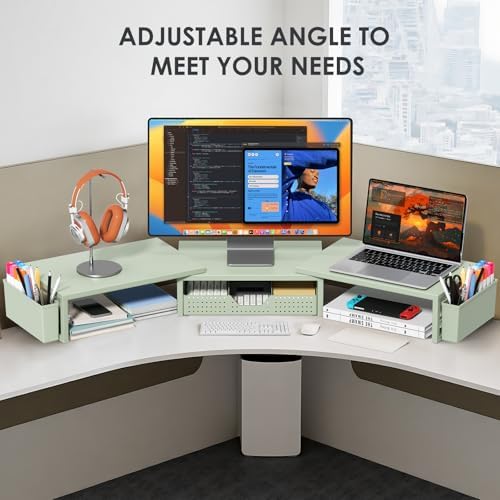 OPNICE Desk Organizers and Accessories, Dual Monitor Stand Riser with Drawer and 2 Pen Holders, Desk Shelf Computer Racks for Office Workspace Organizers, Desktop Organization (Sage Green) - Image 5