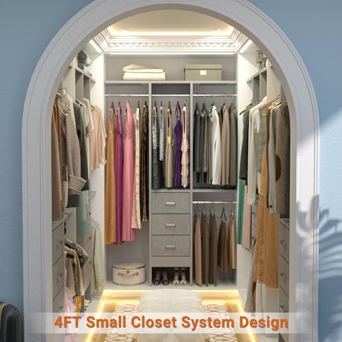 Besiost 4FT Small Closet System with 3 Fabric Drawers, 48'' Closet Organizer System With 3 Adjustable Shelves, Flexible Built-In Clothes Garment Rack for Small Space, 48" L x 13" W x 71" H, Grey - Image 2