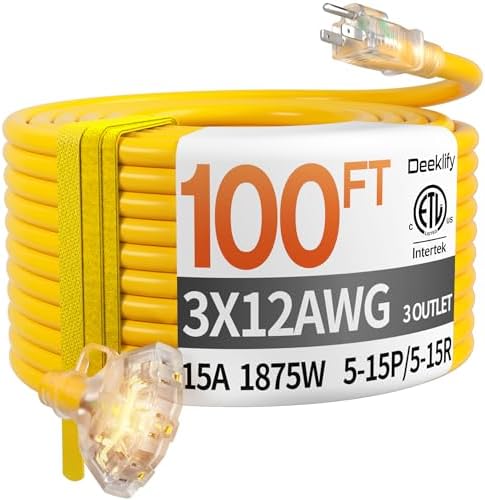 100 FT 12 Gauge Heavy Duty Extension Cord with Multiple Outlets by Deeklify