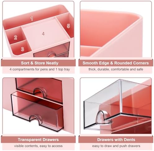 Meiikun Plastic Pen Organizer, Multifunctional Desk Organizer with 2 Drawers, 4 Compartments & a Top Tray, Pencil Holder Desktop Organizers and Accessories for Office, 7.7" x 5.5" x 3.9" (Pink) - Image 5
