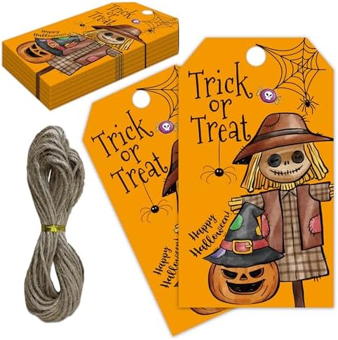 Yellow Halloween Paper Gift Tags with String-50Pcs,Trick Or Treat for You Happy Halloween Tags for Goodie Bags, 2 x 3.5 Inch Waterproof Hanging Labels for Decor Party Supplies, Gift Wrapping-B06 by RPLCSPC
