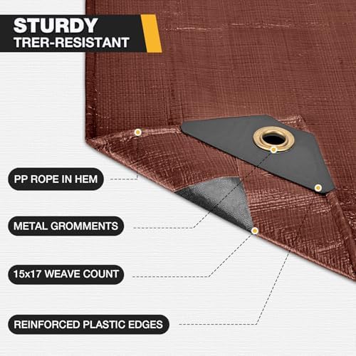 Winpull Tarp 20x20FT, 16 Mil Heavy Duty Waterproof Tarp, Large Multipurpose Cover with Brass Grommets and Reinforced Edges, UV Resistant Thick Poly Tarps for Pool Car Tent Brown - Image 4