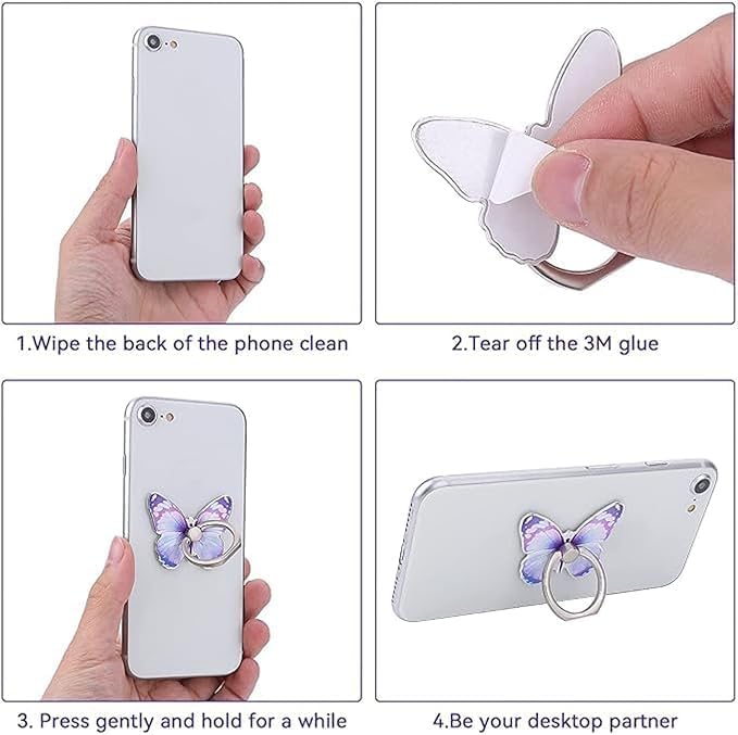 5 Pcs Butterfly Cell Phone Ring Stand Holder, Cute Butterfly Design Finger 360° Rotating Metal Hand Phone Stand Holder, with Adjustable Knob Loop (Purple, Blue,Green,Yellow,Pink) - Image 4