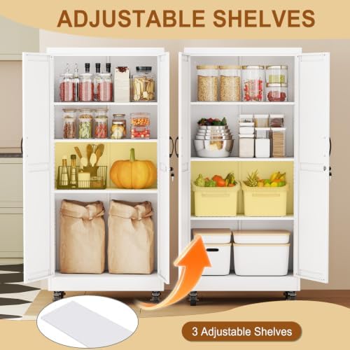61" Metal Garage Storage Locker Cabinet with Wheels,Rolling White Farmhouse Kitchen Pantry Cabinet with 2 Doors and 3 Adjustable Shelves, Steel File Tool Cabinet for Home Office Warehouse - Image 5