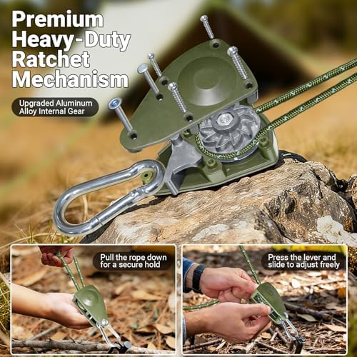 Camping Ropes Guy Line - Tarp Tie Down Ropes with Ratchet System, Pulley & Reinforced Metal Gear - Adjustable Heavy Duty Guy Lines for Canopy Tent, Quick Setup Outdoor Strap-4Pack - 6Pack - Image 4