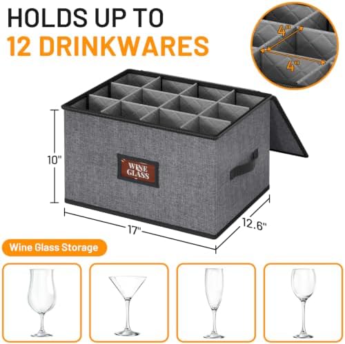 MISSLO Stackable Wine Glass Storage Box with Dividers Hard Shell Stemware Storage Containers for 12 China Crystal Glasses Drinkware, Moving Supplies, Grey - Image 3