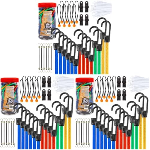 Cartman 32 Piece Bungee Cords Assortment Jar Includes 10" 18" 24" 32" 40" Bungee Cord with Hooks, 8" Canopy Tarp Ball Ties and Tarp Clips (Pack of 3) by CARTMAN
