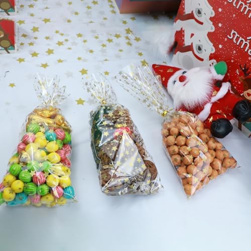100 Pcs Star Printed 5"X 11" Gift Wrap Cello Cellophane Treat Bags Party Favor bags Clear Candy Cookie Bags Plastic Poly Goodie Storage Bags with Twist Ties for Bakery,Birthday, Wedding ,Party Decorations (Gold) - Image 4