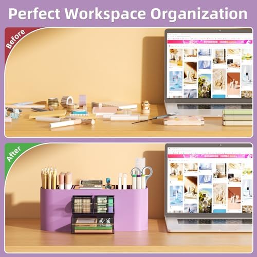 Marbrasse Pen Holder for Desk with 3 Drawers, Multi-Functional Pencil Holder, Desk Organizers and Accessories with 7 Compartments for Home, School, Classroom (Purple) - Image 7