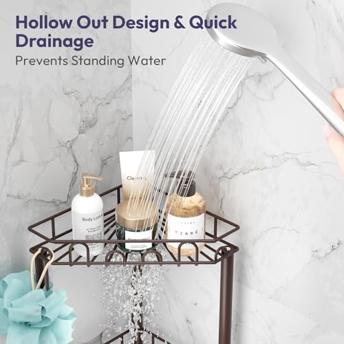 SWTYMIKI Standing Shower Caddy Corner - 4‑Tier Stainless Steel Shower Organizer Shelf with 12 Hooks and Adhesive Pads, Rustproof Corner Shelves Stand Rack for Bathroom Shower Room, Bronze - Image 3