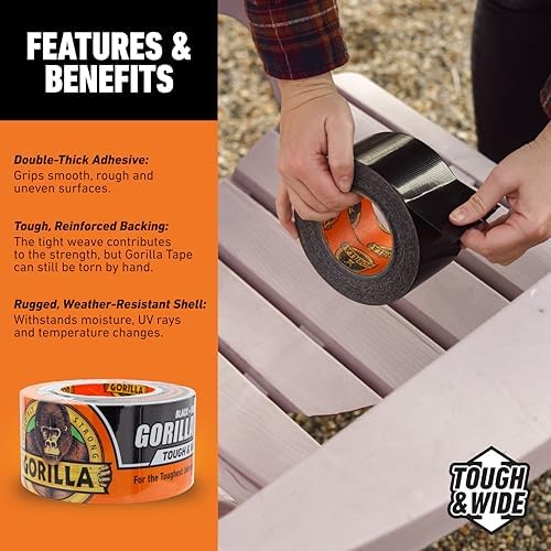 Gorilla Tape Tough & Wide,Black Tape,2.88" x 25 yd - Heavy Duty and Weather Resistant for Indoor or Outdoor,(Pack of 4) - Image 4