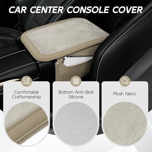 SINGARO Car Leather Center Console Cover with 2 Storage Bags, Universal Furry Fluffy Car Armrest Seat Box Pad, Comfortable Car Interior Accessories, Fits for Most Vehicles (White) - Image 3