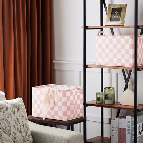 Ohocut Pink White Checkered Canvas Basket, Rectangular Organizing Decorative Storage Basket for Kids Dog Toy, Cute Aesthetic Race Cars Boy Room Decor for Home, Kitchen, Bedroom, Classroom, Shelves - Image 3