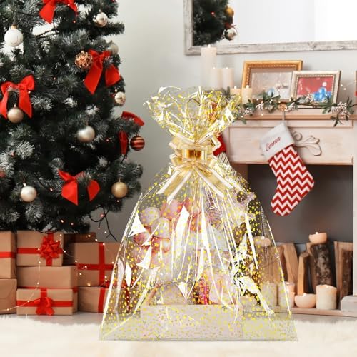 COQOFA 20 Pieces Large Cello/Cellophane Bags,16x24 Inches Clear Basket Gift Bags Gold Star Printed OPP Plastic Cellophane Wrap for Baskets Gift Packaging with Gold Pull Bows - Image 6