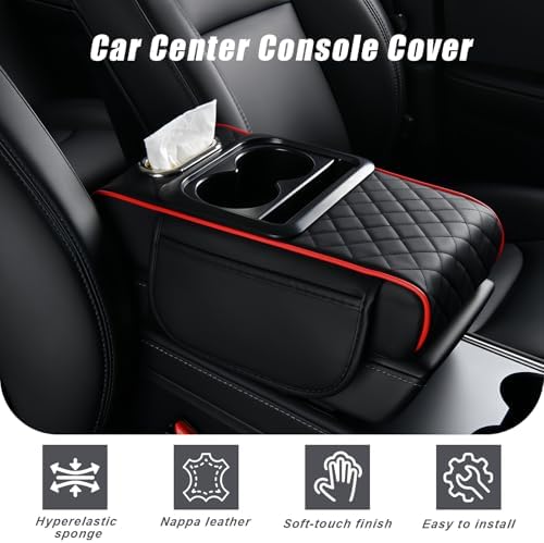 Car Armrest Cover, 5-in-1 Center Console Cover with Cup Holder, Black/Red - Image 2