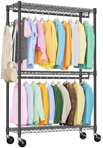 IZEUK Heavy Duty Rolling Garment Rack Wire Clothes Rack for Hanging Clothes (Black, 3 Tier with 2 Rod, 15.7" D x 45.3" W x 79.6" H) by IZEUK
