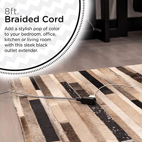Cordinate Designer 3-Outlet Extension Cord, 2 Prong Power Strip, Extra Long 8 Ft Cable with Flat Plug, Braided Chevron Fabric Cord, Slide-to-Lock Safety Outlets, Black/White, 39984 - Image 3