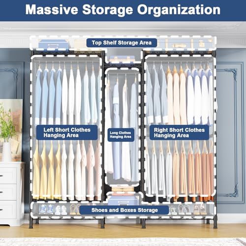 Ulif E12 Clothes Rack，Heavy Duty Freestanding Garment Rack with Shelves，Metal Clothing Closet Storage System for Hanging Clothes，57.1" W x 16" D x 76.5" H, Hold 860 lbs，Black - Image 3