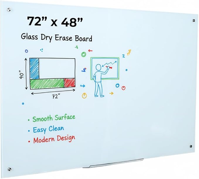 Dex Board 72" x 48" Large Glass Whiteboard Frameless Tempered Glass Dry Erase by DexBoard
