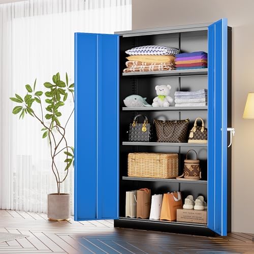 INTERGREAT Metal Storage Cabinet with Lock, 72" H Garage Cabinets with Doors and Adjustable Shelves, Lockable Metal Cabinets for Garage, Home, Office(Black-Blue) - Image 2